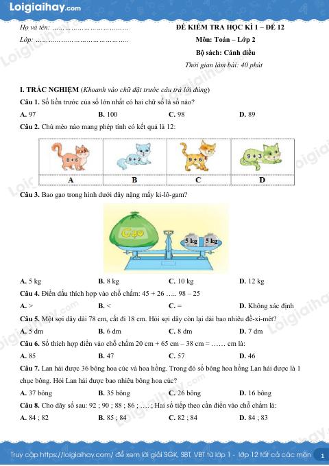 Đề kiểm tra học kì 1 Toán 2 Cánh diều - Đề số 12